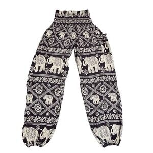 Bangkok Pants Womens One Size Black White Elephant Print Harem Yoga Jogger Pants